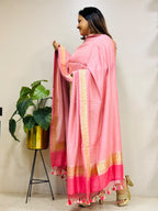 Pink Banarasi Handloom Pure Moonga Silk Brush Dye Dupatta