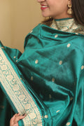 Green Banarasi Handloom Pure Katan Silk Dupatta - Luxurion World- Crafted Heirlooms