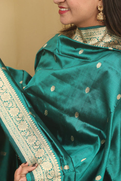 Green Banarasi Handloom Pure Katan Silk Dupatta - Luxurion World- Crafted Heirlooms