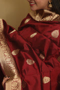 Maroon Banarasi Handloom Pure Katan Silk Dupatta - Luxurion World