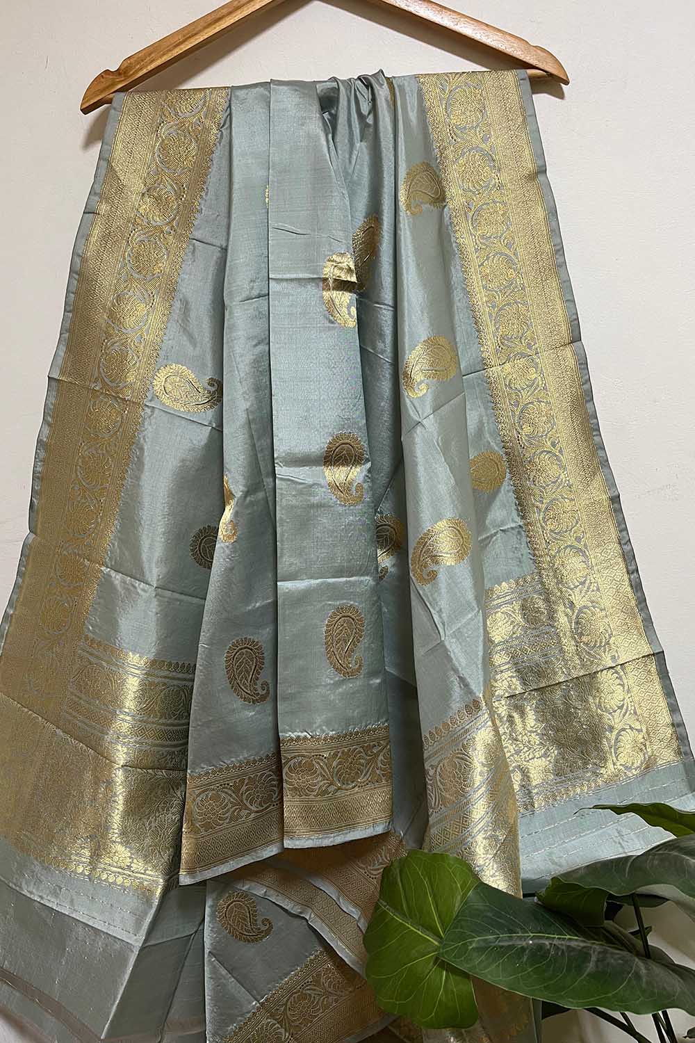Elegant Grey Banarasi Handloom Pure Katan Silk Dupatta - Luxurion World- Crafted Heirlooms