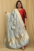Elegant Grey Banarasi Handloom Pure Katan Silk Dupatta - Luxurion World- Crafted Heirlooms