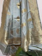 Elegant Grey Banarasi Handloom Pure Katan Silk Dupatta - Luxurion World- Crafted Heirlooms