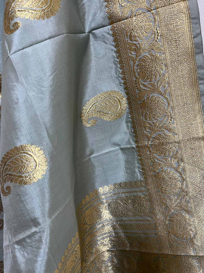Elegant Grey Banarasi Handloom Pure Katan Silk Dupatta - Luxurion World