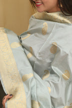 Elegant Grey Banarasi Handloom Pure Katan Silk Dupatta - Luxurion World- Crafted Heirlooms