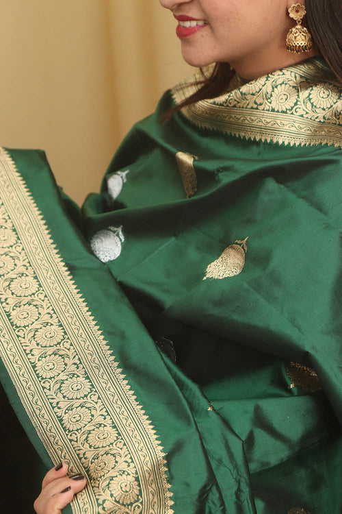 Green Banarasi Handloom Pure Katan Silk Dupatta - Luxurion World