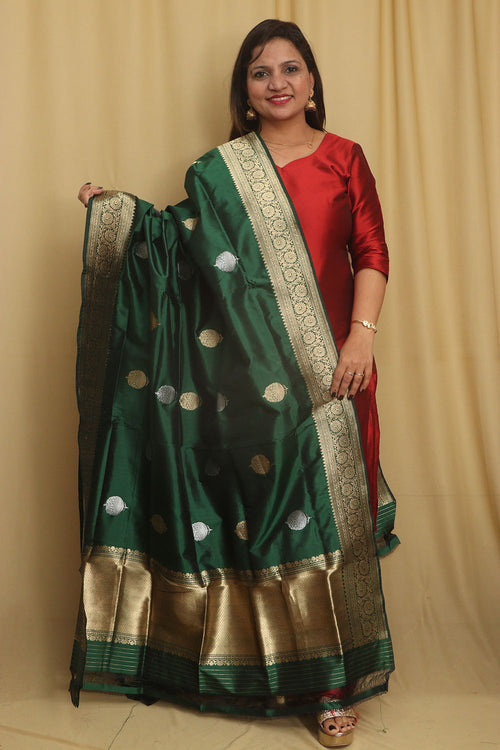 Green Banarasi Handloom Pure Katan Silk Dupatta - Luxurion World