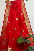 Red Banarasi Handloom Pure Katan Silk Dupatta - Luxurion World- Crafted Heirlooms