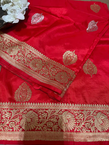 Red Banarasi Handloom Pure Katan Silk Dupatta - Luxurion World