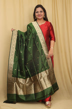 Green Banarasi Handloom Pure Katan Silk Dupatta - Luxurion World- Crafted Heirlooms