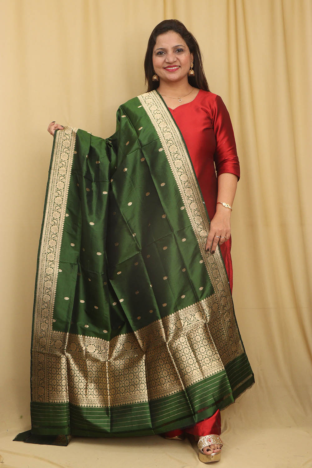 Green Banarasi Handloom Pure Katan Silk Dupatta - Luxurion World- Crafted Heirlooms