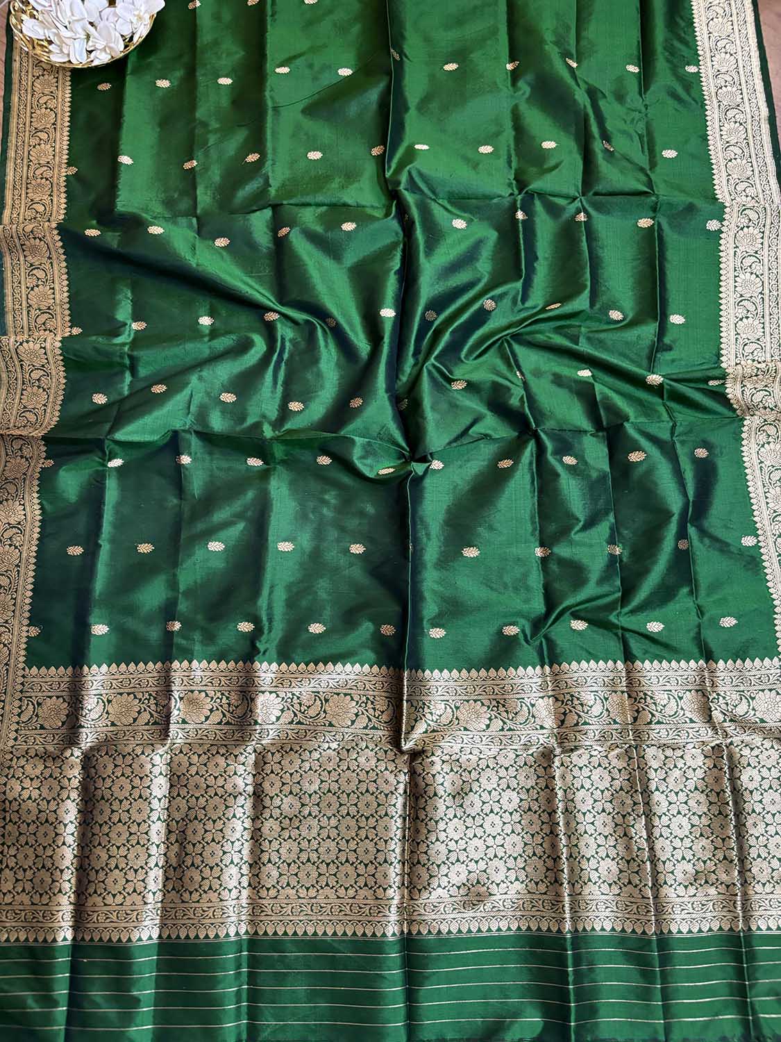 Green Banarasi Handloom Pure Katan Silk Dupatta - Luxurion World- Crafted Heirlooms