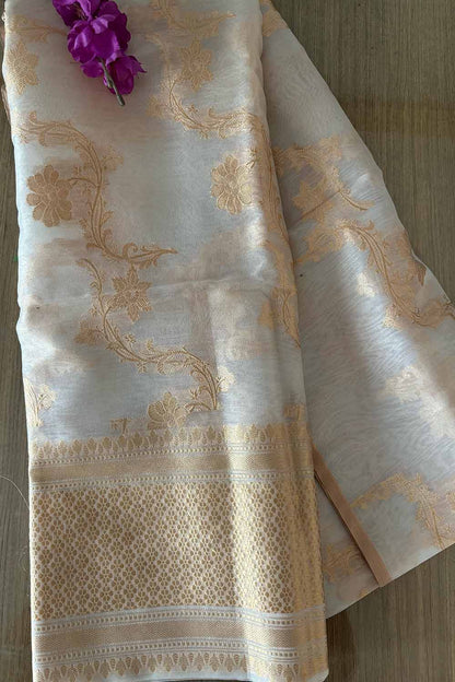 Dyeable Banarasi Handloom Pure Kora Organza Jangla Dupatta - Luxurion World