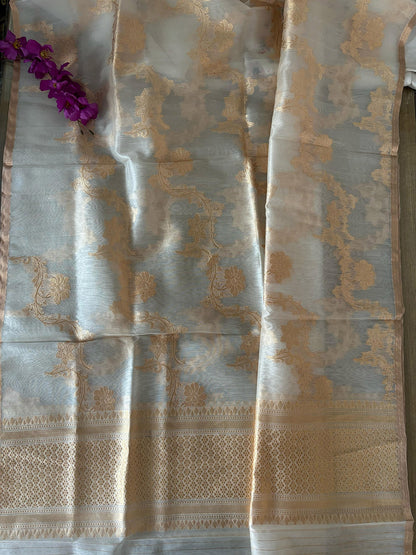 Dyeable Banarasi Handloom Pure Kora Organza Jangla Dupatta - Luxurion World