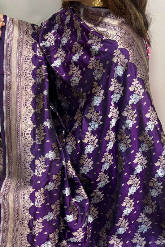 Purple Banarasi Handloom Pure Katan Silk Sona Roopa Flower Design Dupatta - Luxurion World