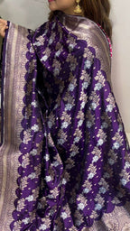 Purple Banarasi Handloom Pure Katan Silk Sona Roopa Flower Design Dupatta - Luxurion World- Crafted Heirlooms