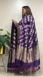Purple Banarasi Handloom Pure Katan Silk Sona Roopa Flower Design Dupatta - Luxurion World- Crafted Heirlooms