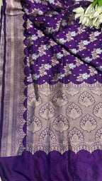 Purple Banarasi Handloom Pure Katan Silk Sona Roopa Flower Design Dupatta - Luxurion World- Crafted Heirlooms