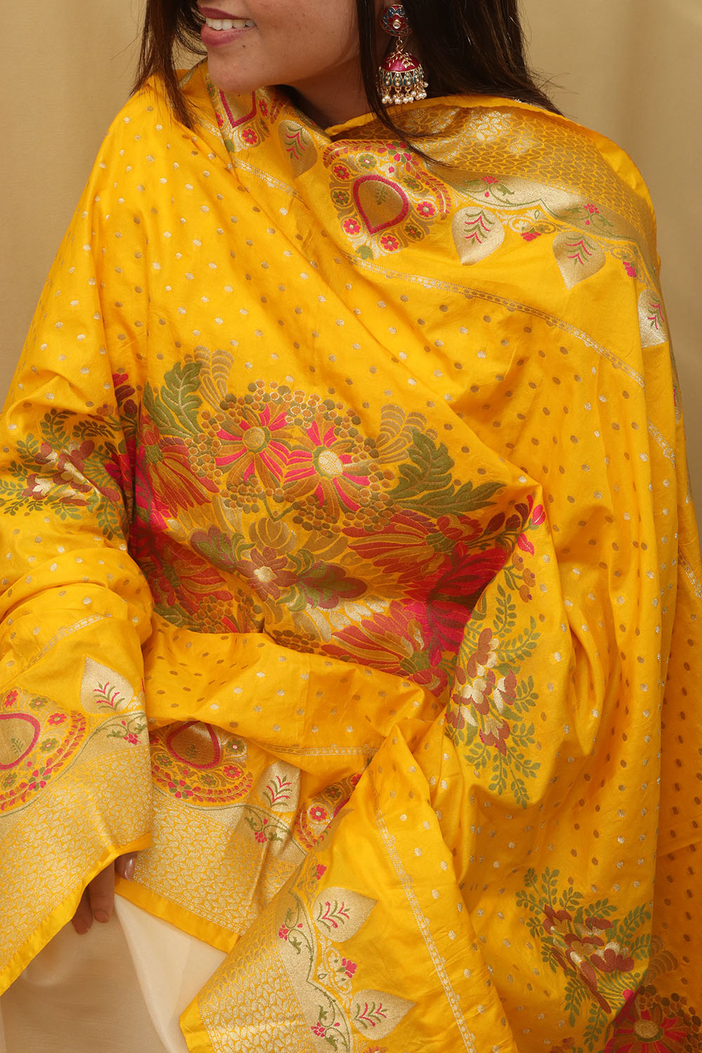 Golden Glow: Yellow Banarasi Silk Dupatta - Luxurion World