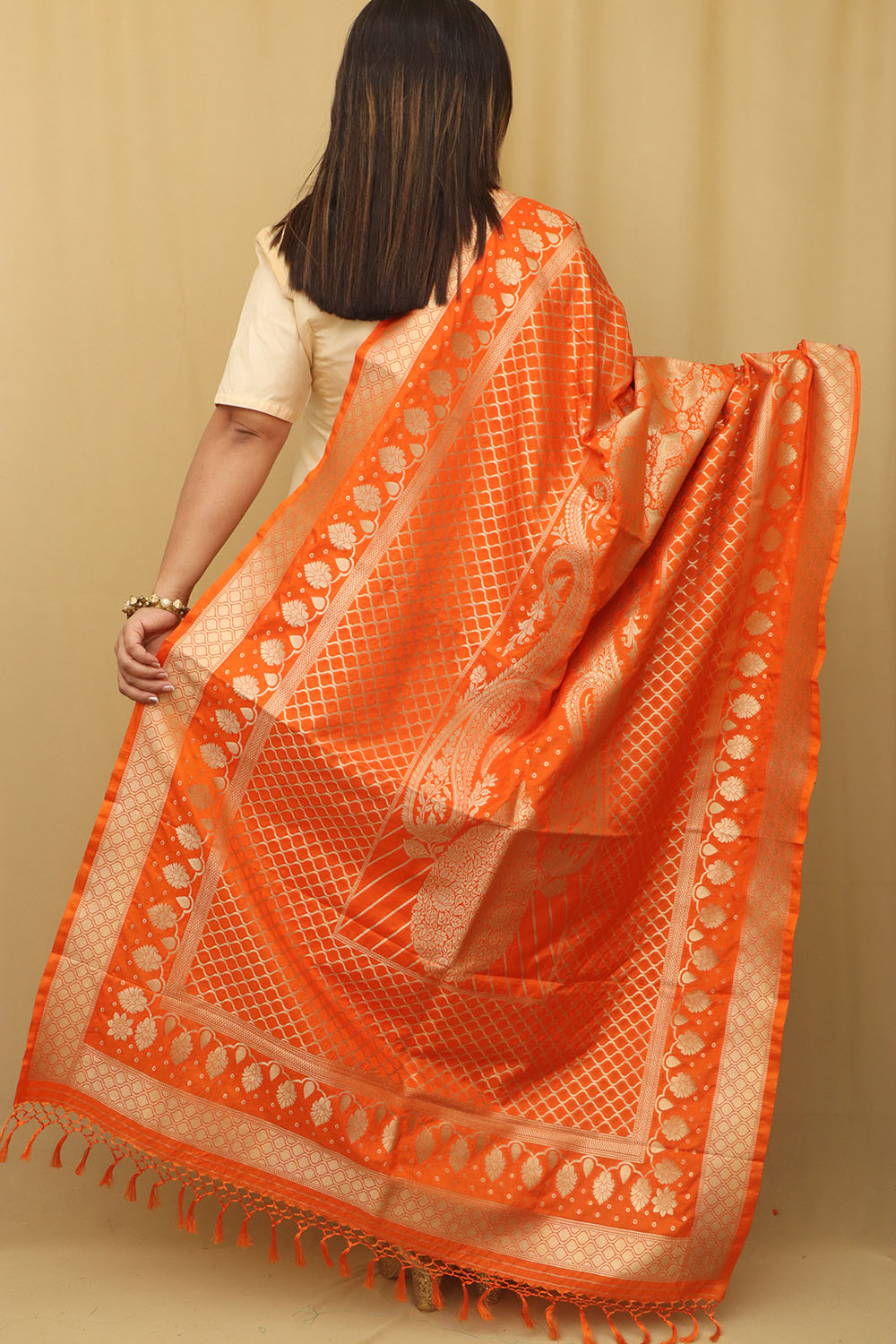 Elegant Orange Banarasi Silk Dupatta - Luxurion World
