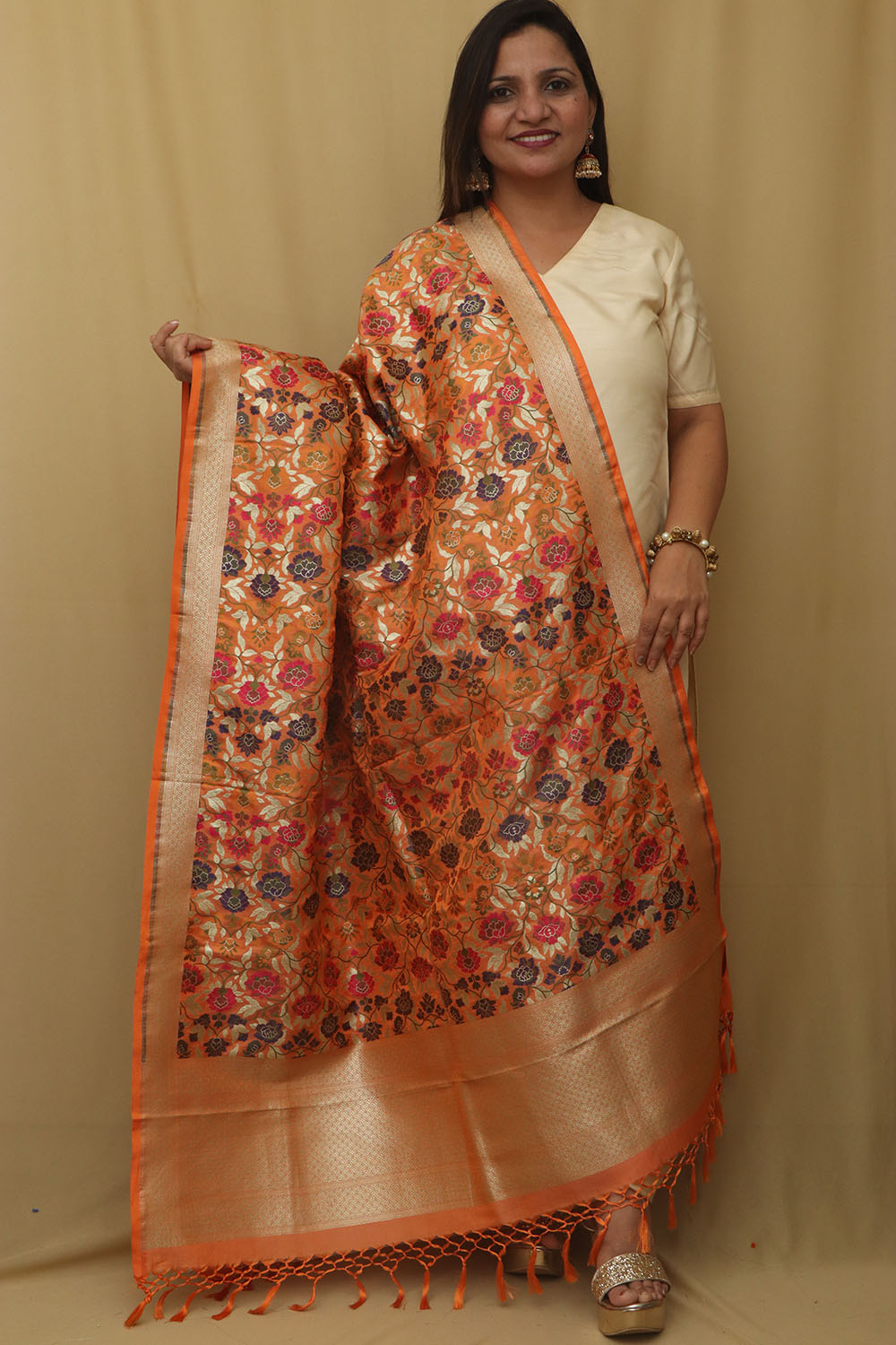 Vibrant Orange Banarasi Kimkhwab Design Silk Dupatta - Elegant and Luxurious - Luxurion World