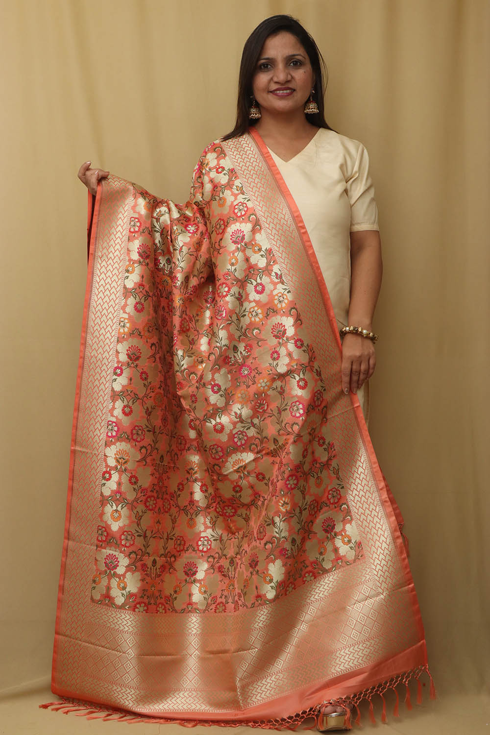 Orange Banarasi Kimkhwab Design Silk Dupatta - Elegant and Luxurious - Luxurion World