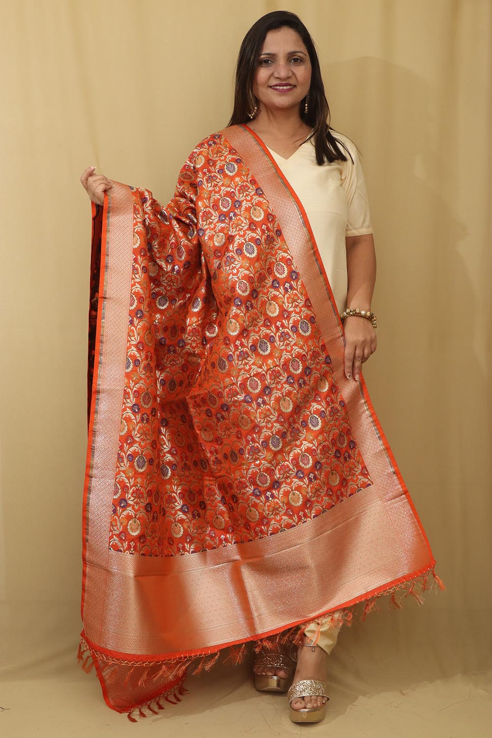 Orange Banarasi Kimkhwab Design Silk Dupatta - Elegant and Luxurious - Luxurion World