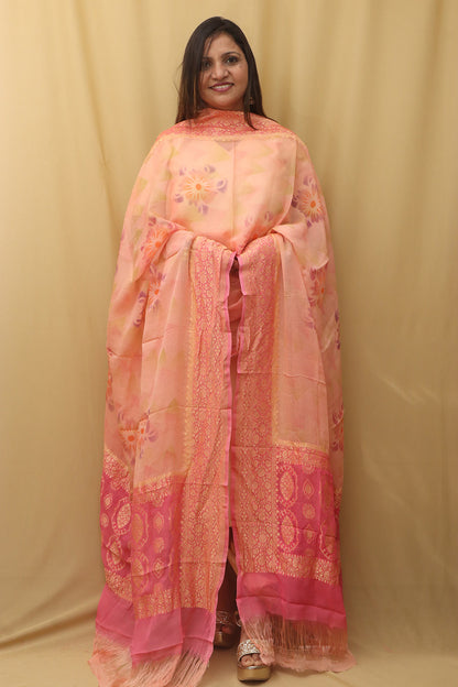 Peach Banarasi Handloom Pure Georgette Brush Dye Dupatta - Luxurion World