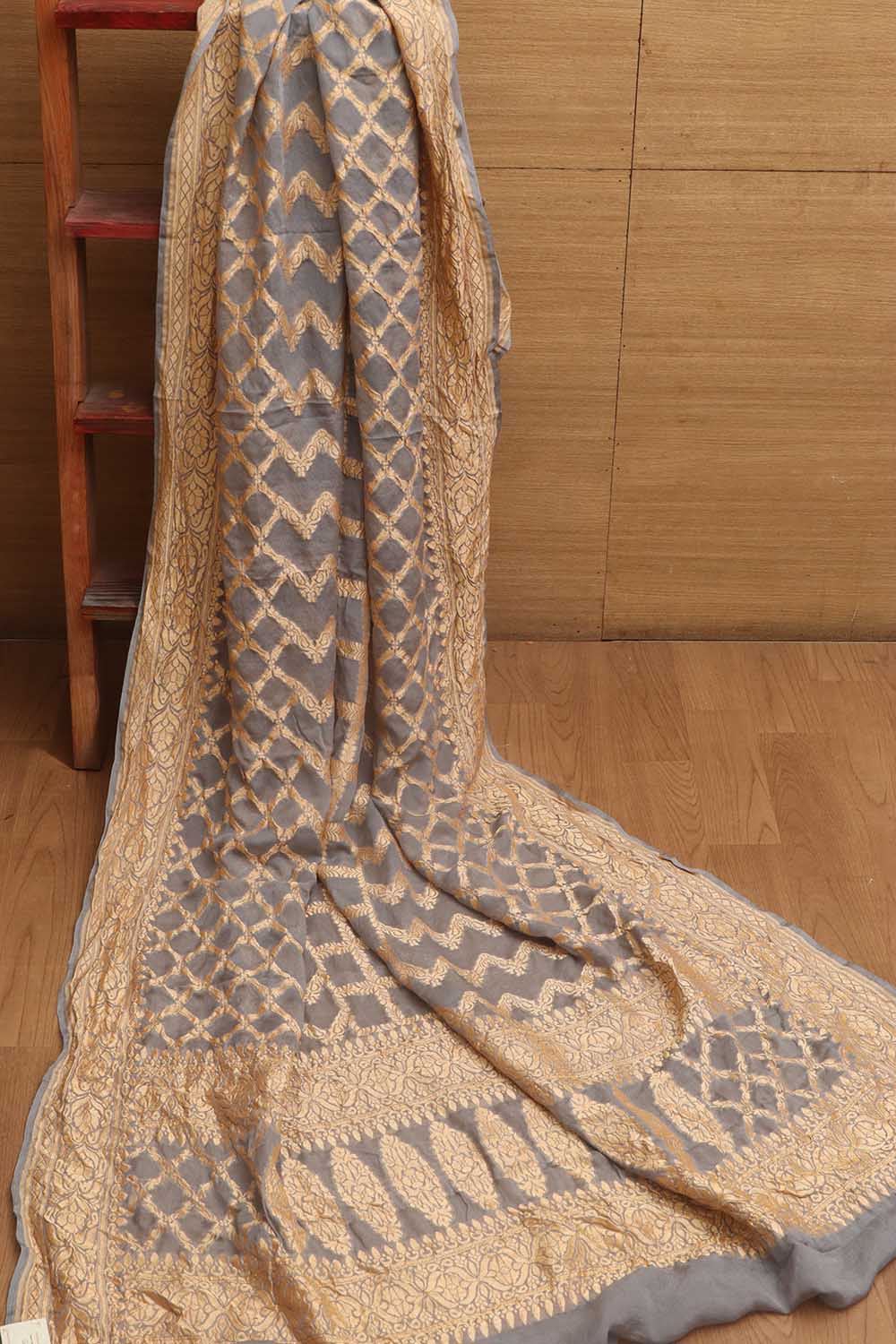 Elegant Grey Banarasi Handloom Pure Georgette Dupatta - Luxurion World