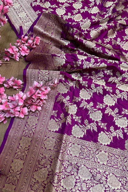 Elegant Purple Handloom Banarasi Pure Katan Silk Jaal Work Dupatta - Luxurion World