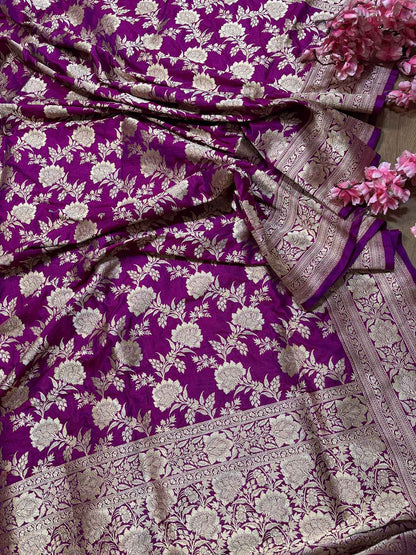Elegant Purple Handloom Banarasi Pure Katan Silk Jaal Work Dupatta - Luxurion World