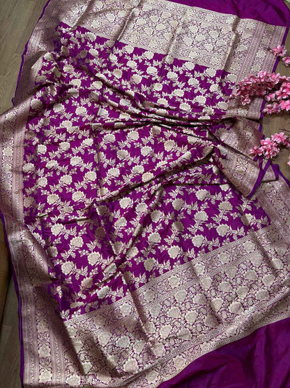 Elegant Purple Handloom Banarasi Pure Katan Silk Jaal Work Dupatta - Luxurion World