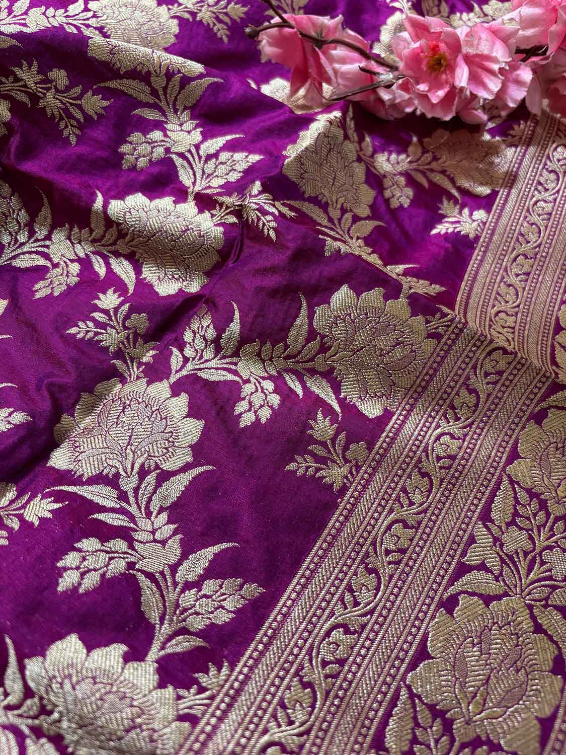 Elegant Purple Handloom Banarasi Pure Katan Silk Jaal Work Dupatta - Luxurion World