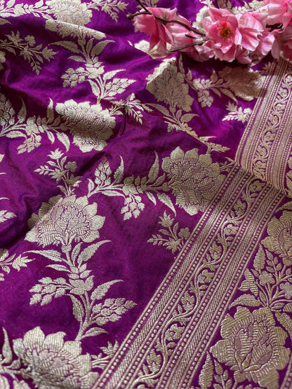 Elegant Purple Handloom Banarasi Pure Katan Silk Jaal Work Dupatta - Luxurion World