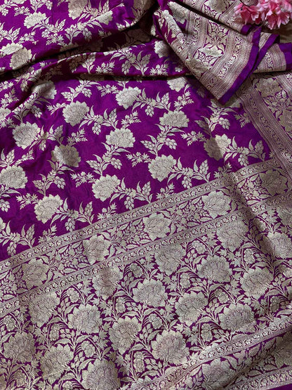 Elegant Purple Handloom Banarasi Pure Katan Silk Jaal Work Dupatta - Luxurion World