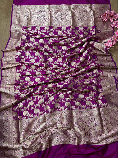 Elegant Purple Handloom Banarasi Pure Katan Silk Jaal Work Dupatta - Luxurion World