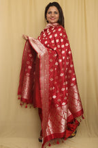 Exquisite Red Banarasi Handloom Pure Katan Silk Dupatta - Luxurion World