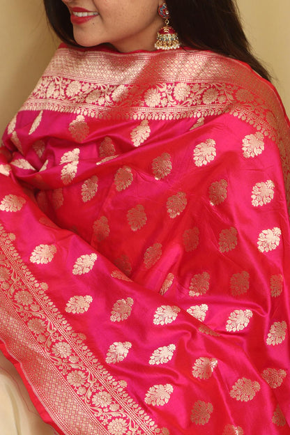 Exquisite Pink Banarasi Handloom Pure Katan Silk Dupatta - Luxurion World
