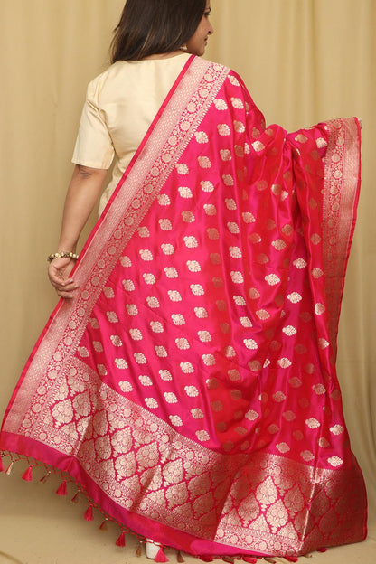 Exquisite Pink Banarasi Handloom Pure Katan Silk Dupatta - Luxurion World