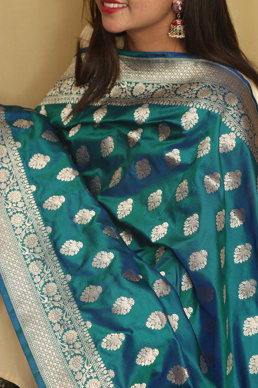 Blue Banarasi Handloom Pure Katan Silk Dupatta - Luxurion World