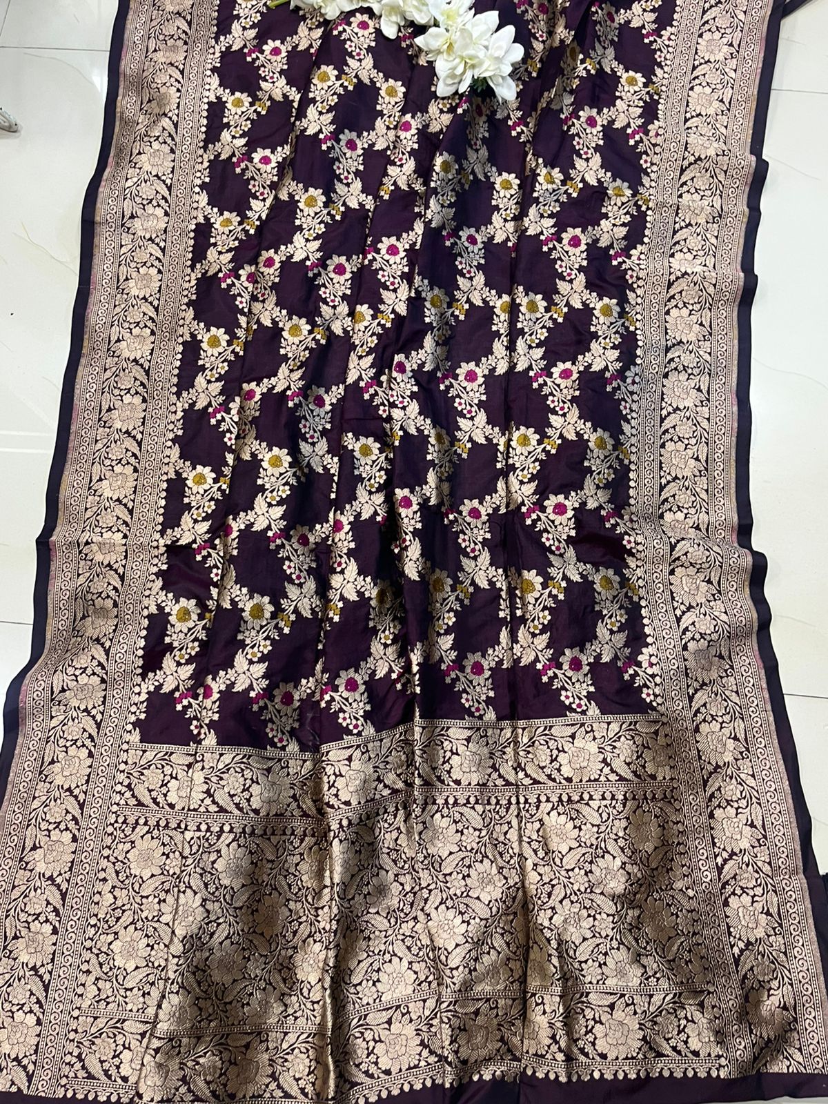 Elegant Maroon Banarasi Silk Meenakari Dupatta - Luxurion World- Crafted Heirlooms