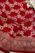 Red Banarasi Handloom Silk Flower Meenakari Dupatta - Luxurion World- Crafted Heirlooms