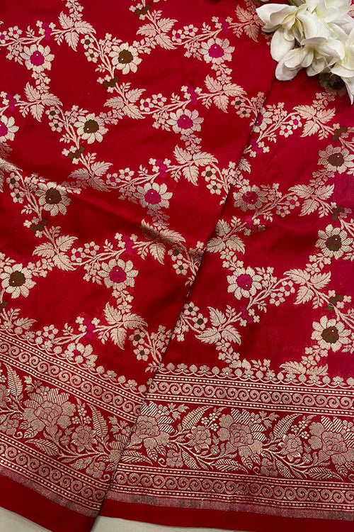 Red Banarasi Handloom Silk Flower Meenakari Dupatta - Luxurion World- Crafted Heirlooms