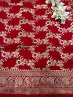 Red Banarasi Handloom Silk Flower Meenakari Dupatta - Luxurion World- Crafted Heirlooms