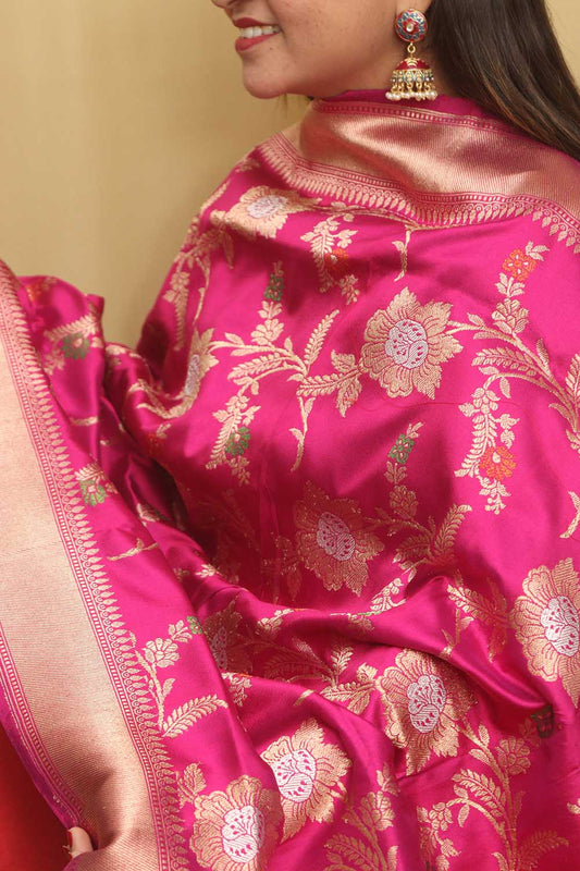 Pinkish Purple Handloom Banarasi Pure Katan Silk Meenakari Dupatta - Luxurion World