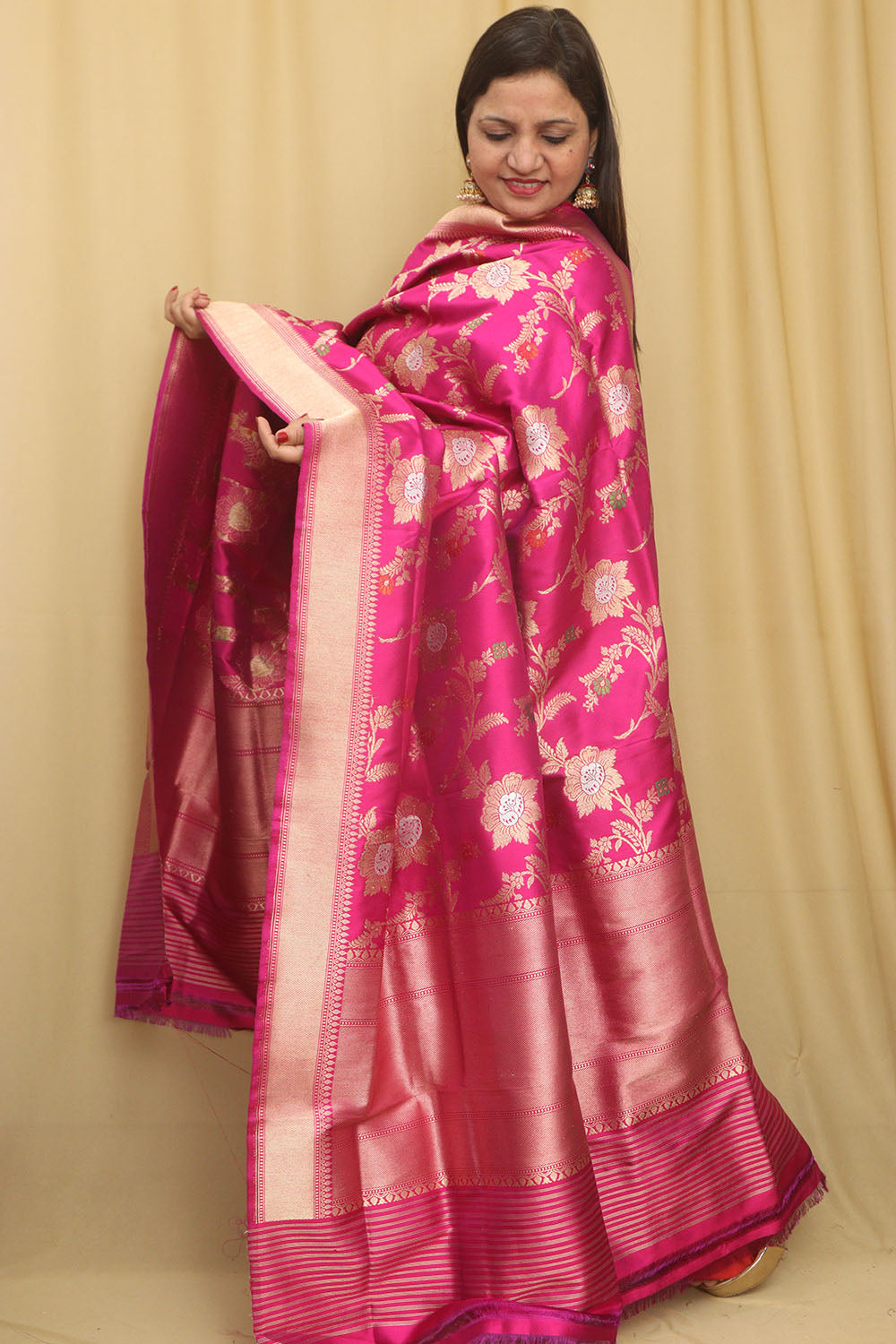 Pinkish Purple Handloom Banarasi Pure Katan Silk Meenakari Dupatta - Luxurion World- Crafted Heirlooms