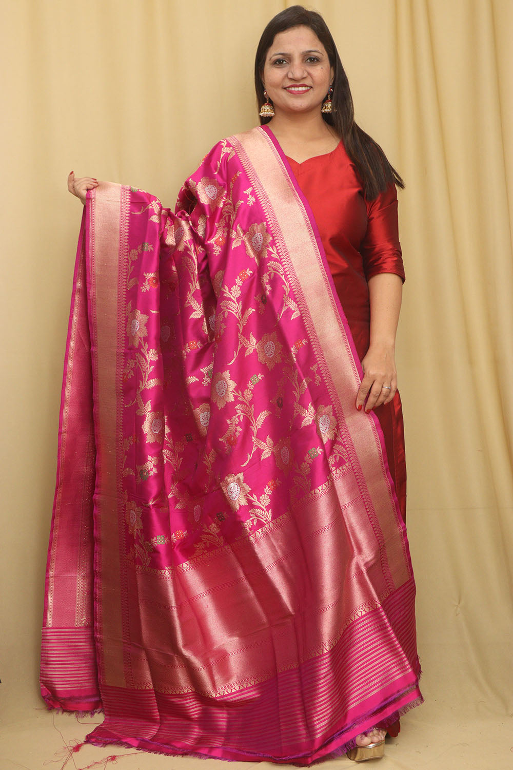 Pinkish Purple Handloom Banarasi Pure Katan Silk Meenakari Dupatta - Luxurion World- Crafted Heirlooms