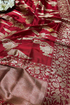 Red Handloom Banarasi Pure Katan Silk Dupatta - Luxurion World