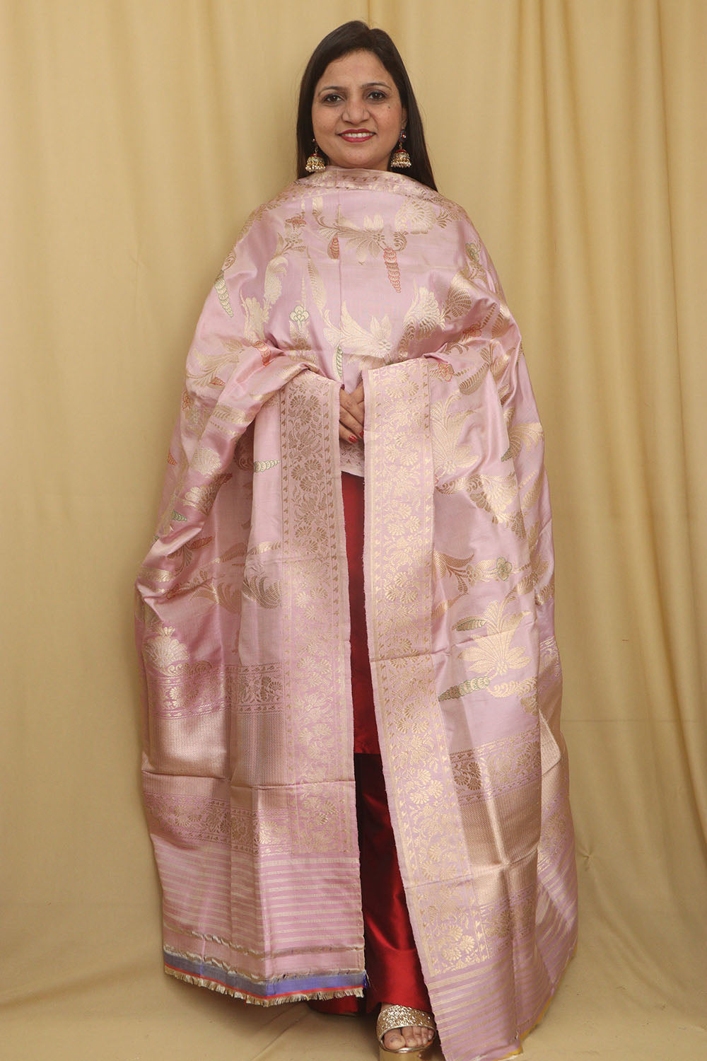 Pastel Handloom Banarasi Katan Silk Dupatta - Luxurion World- Crafted Heirlooms