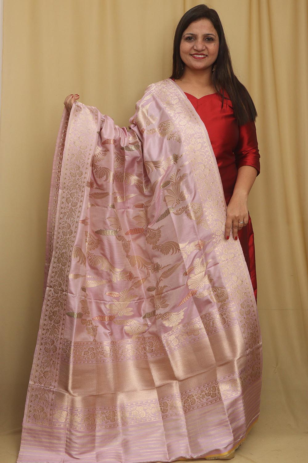 Pastel Handloom Banarasi Katan Silk Dupatta - Luxurion World- Crafted Heirlooms